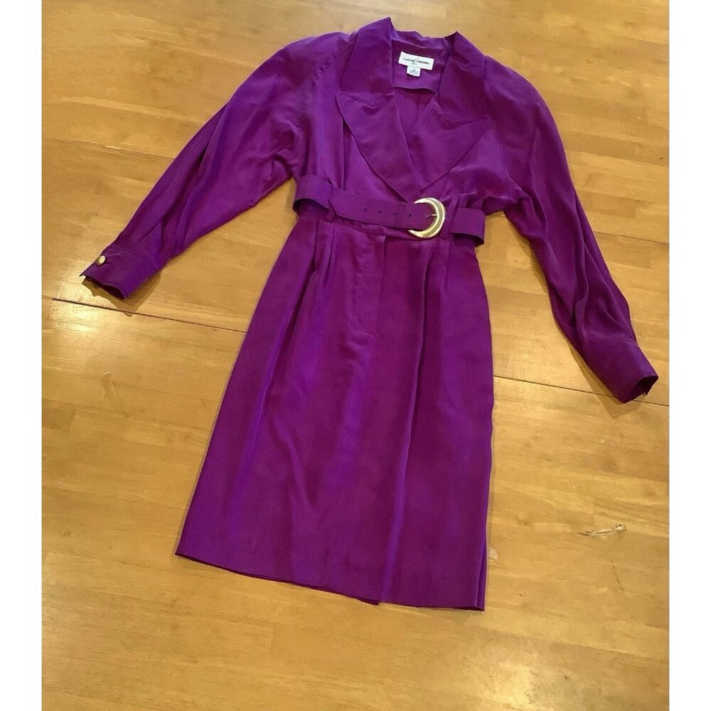 Vintage Casual Corner 100% Silk Dress Magenta Pink V-neck Long Sleeves Belt Sz 8